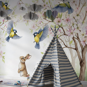 Curious rabbit mural wallpaper creating peaceful baby room decor with birds and flowers