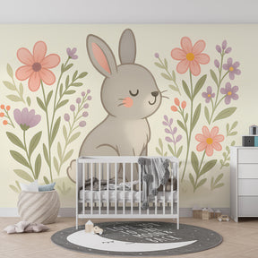 Cute rabbit mural wallpaper creating magical garden atmosphere in children's bedroom decor