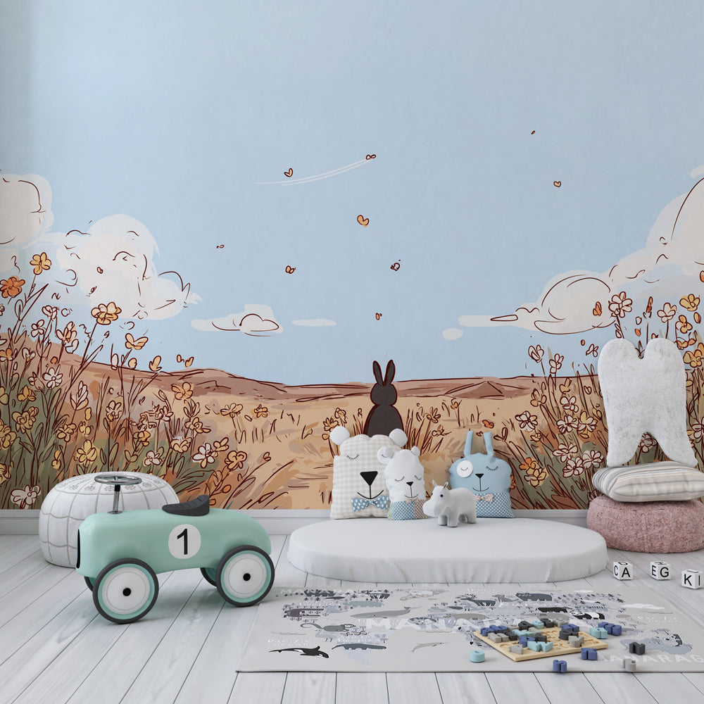 Floral meadow mural wallpaper creating serene atmosphere in children's bedroom decor