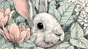Complete bunny garden mural wallpaper design pattern showing woodland rabbits among enchanted florals by Kids-Mundo