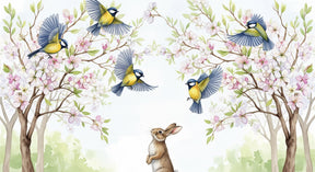 Detailed bunny garden mural wallpaper design pattern with rabbit, birds and flowers by Kids-Mundo
