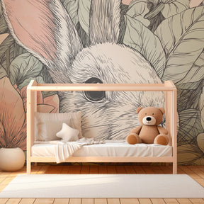 Close-up view of bunny garden mural wallpaper showing delicate botanical details and rabbit characters by Kids-Mundo