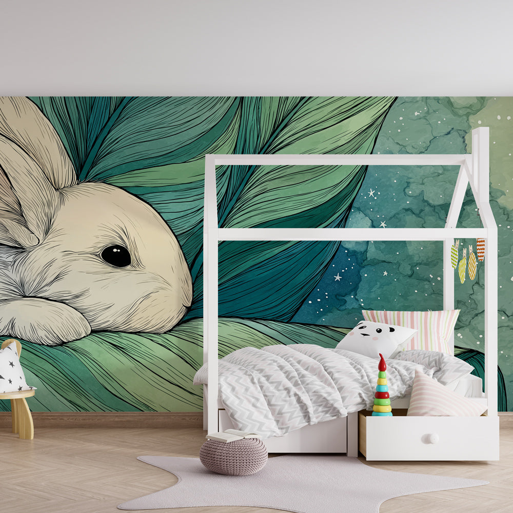 Serene bunny themed wallpaper with blue green tones for children's room by Kids-Mundo