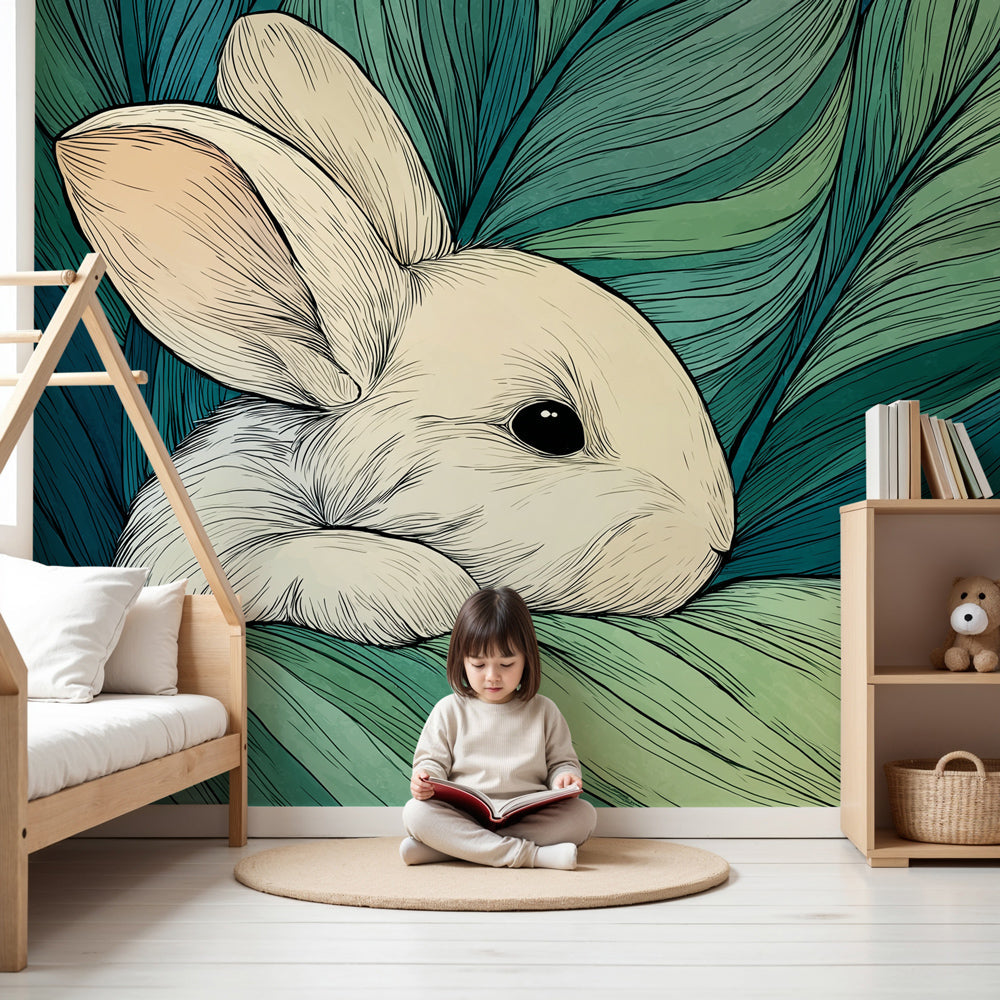 Bunny garden mural wallpaper creating peaceful nursery atmosphere by Kids-Mundo