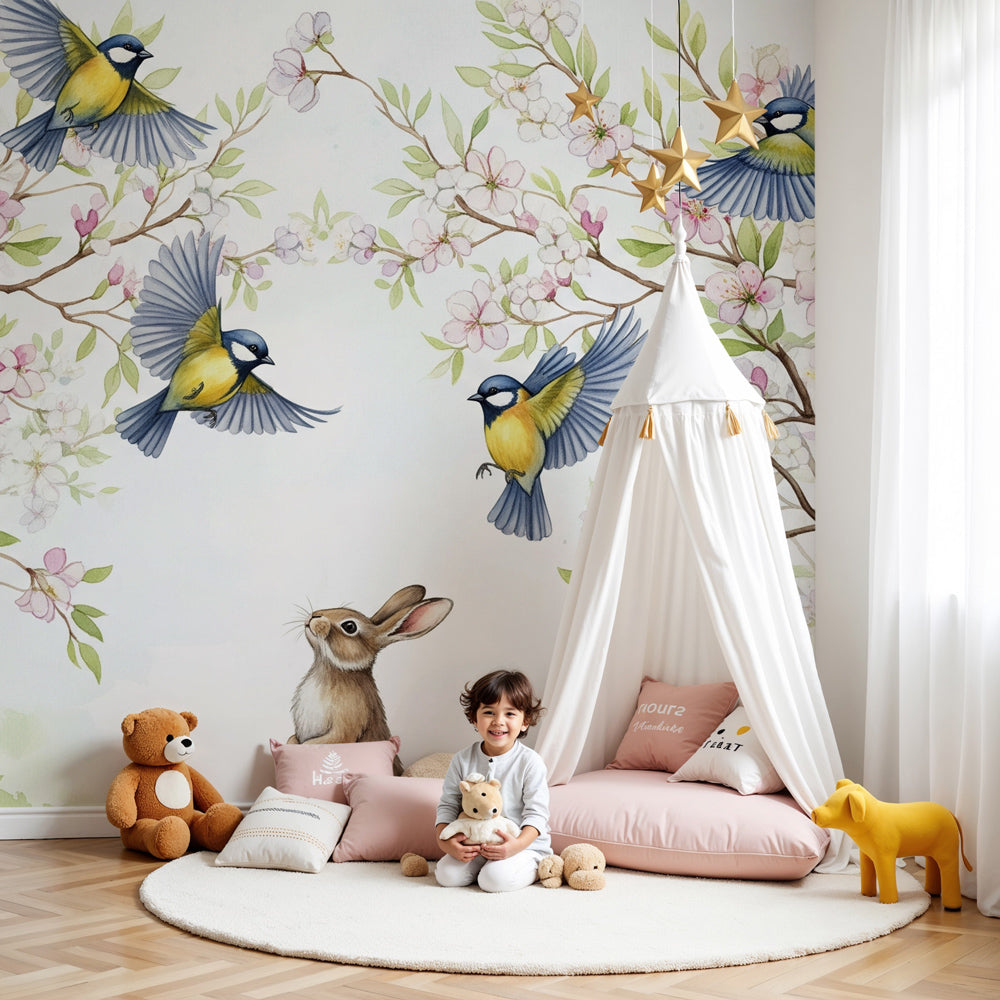 Bunny garden mural wallpaper in modern nursery with rabbit and floral design by Kids-Mundo