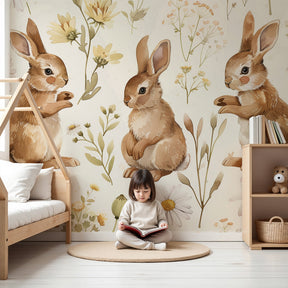 Bunny garden mural wallpaper in cozy nursery with natural wood furniture by Kids-Mundo