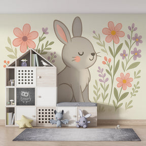Floral bunny wallpaper transforming kids playroom into enchanting garden space by Kids-Mundo
