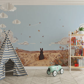 Nature-inspired bunny wallpaper transforming kids playroom into magical garden space