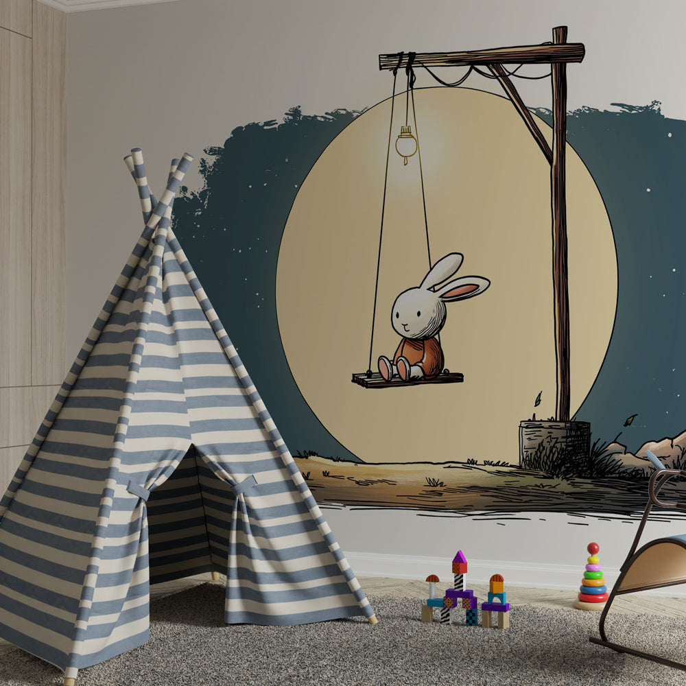 Soothing rabbit mural wallpaper transforming baby room into magical nighttime sanctuary
