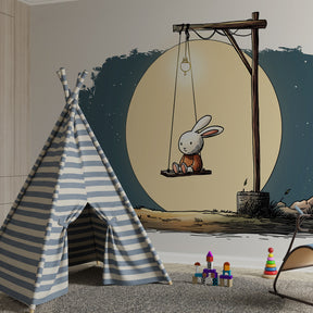 Soothing rabbit mural wallpaper transforming baby room into magical nighttime sanctuary