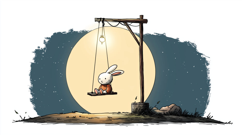 Detailed bunny moon mural wallpaper design pattern showing rabbit on swing under starry sky by Kids-Mundo