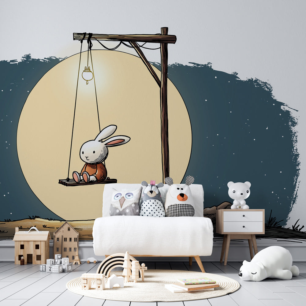 Bunny moon mural wallpaper creating dreamy atmosphere in modern nursery room by Kids-Mundo