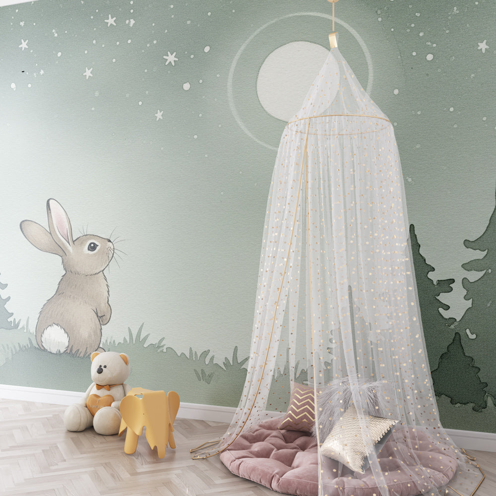 Starry night bunny mural wallpaper creating magical bedtime environment for children's room