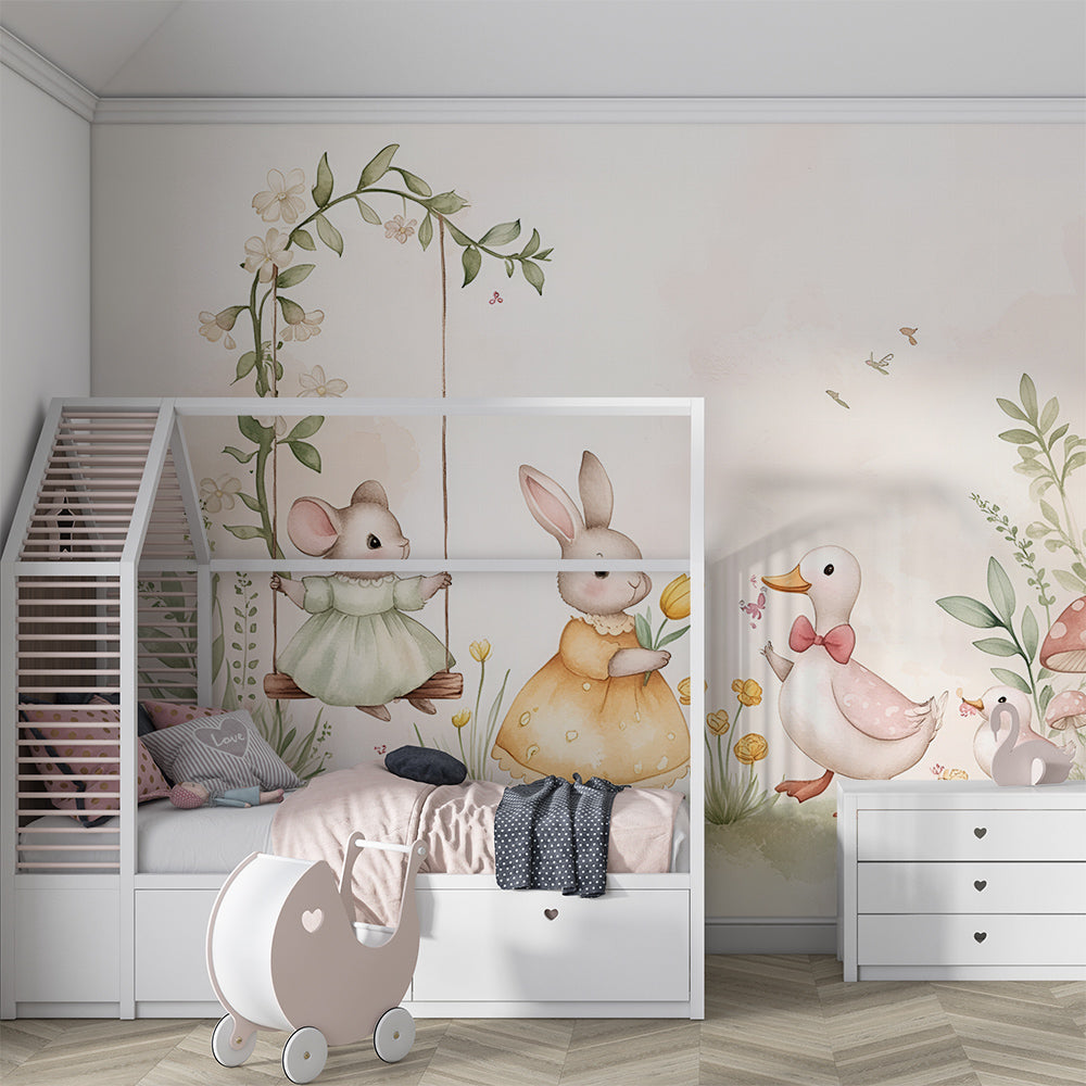 Kids-Mundo friendly animal parade mural styled in a cosy kids bedroom