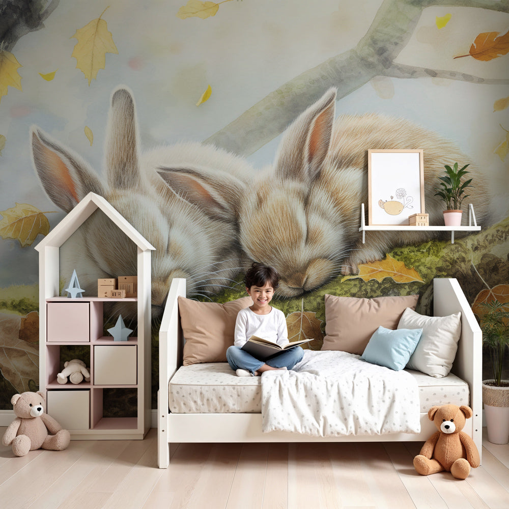 Peaceful bunny mural wallpaper in modern nursery with autumn sleeping rabbits by Kids-Mundo