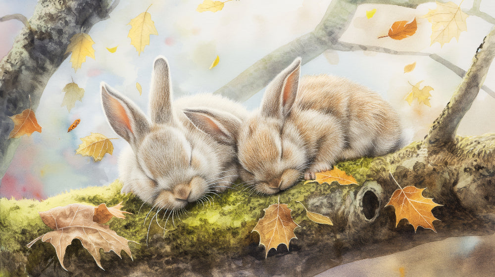 Detailed autumn bunny mural wallpaper design pattern showing sleeping rabbits by Kids-Mundo