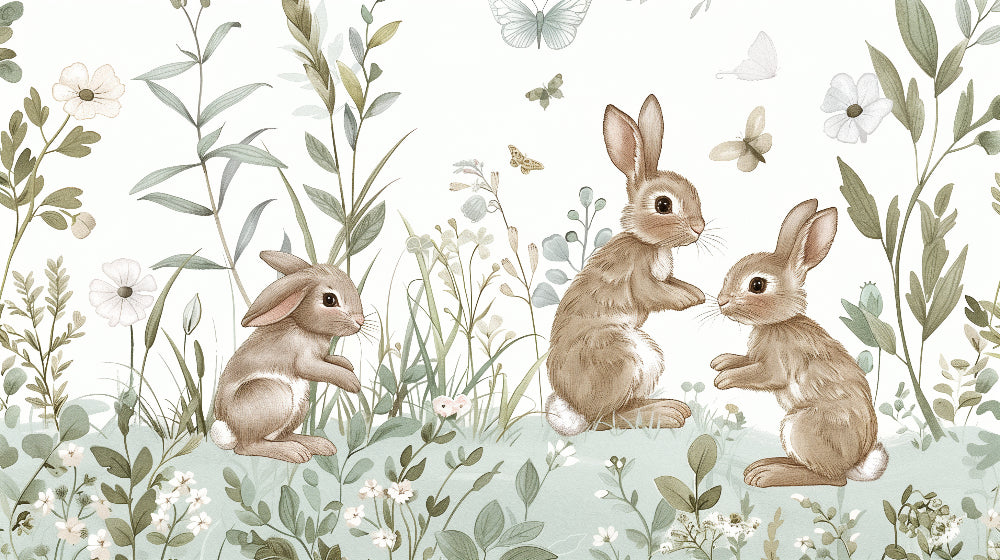 Detailed bunny mural wallpaper design pattern showing playful rabbits in green meadow by Kids-Mundo