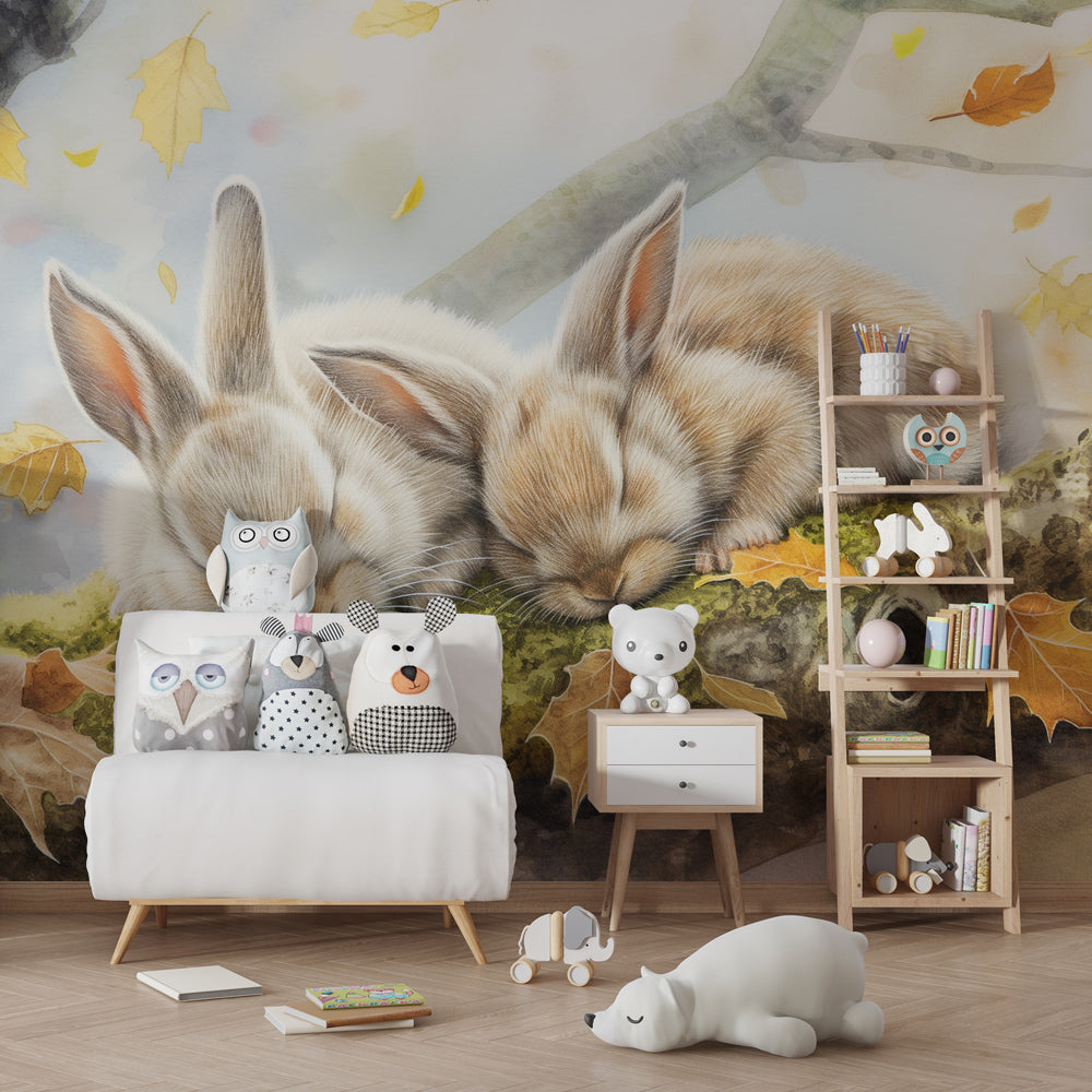 Autumn bunny wallpaper creating cozy atmosphere in children's bedroom with golden leaves