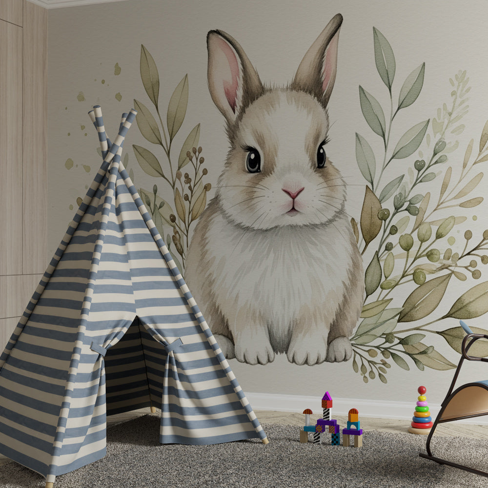 Rabbit wallpaper with delicate leaves decorating modern children's bedroom by Kids-Mundo