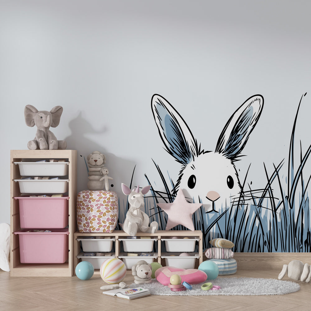 Curious rabbit mural wallpaper transforming children's bedroom into woodland sanctuary by Kids-Mundo