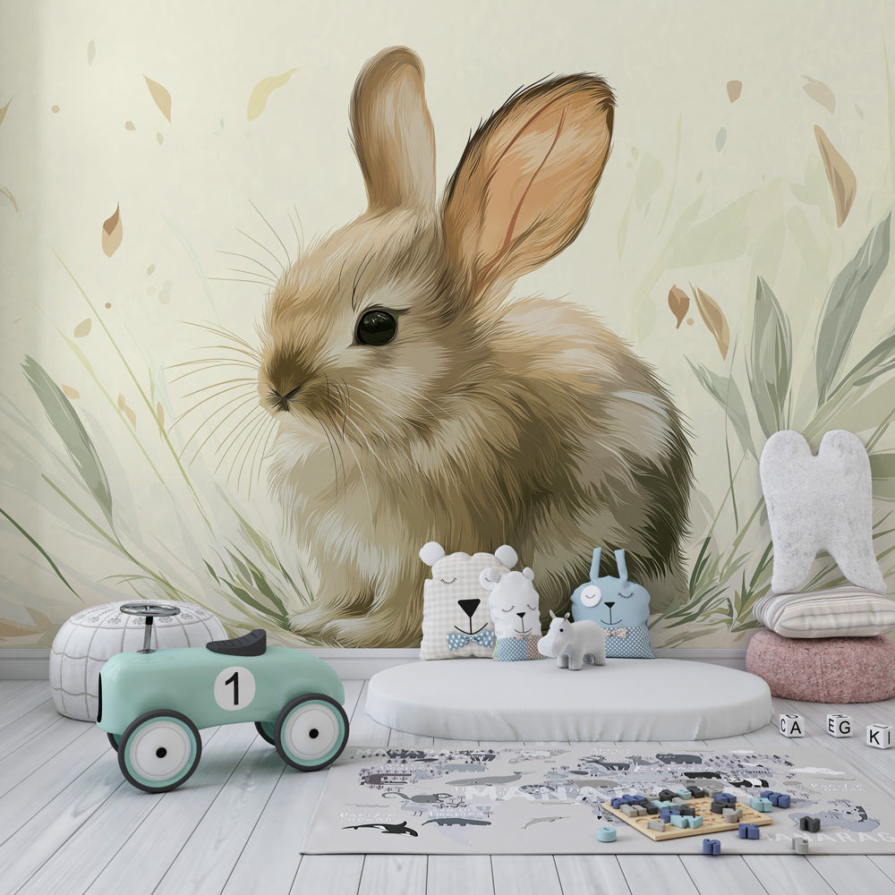 Adorable bunny wallpaper transforming children's playroom with natural green theme