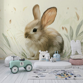 Adorable bunny wallpaper transforming children's playroom with natural green theme