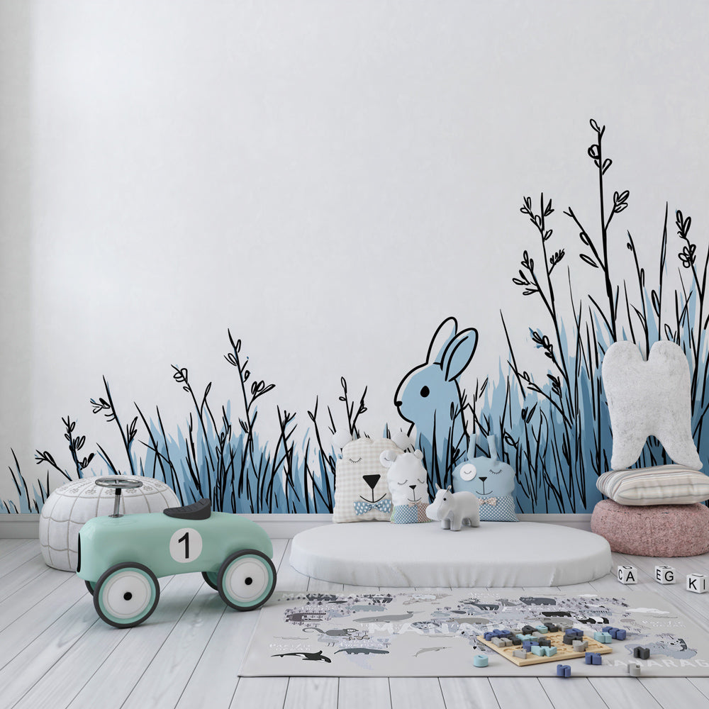 Blue animal mural wallpaper with bunny design transforming modern kids room decor by Kids-Mundo