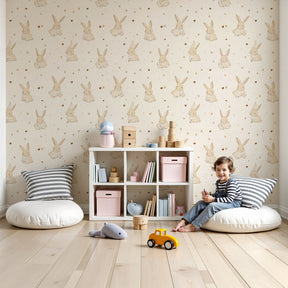 Bunny mural wallpaper with golden stars decorating cozy nursery room by Kids-Mundo