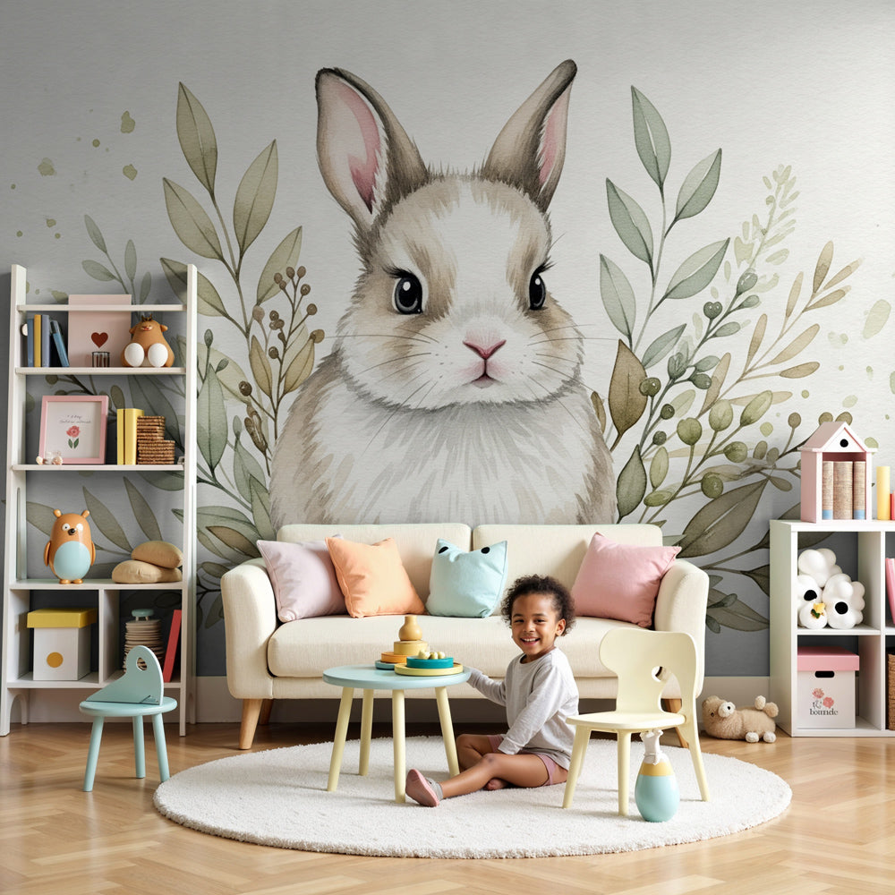Cute bunny mural wallpaper creating peaceful nursery decor with botanical foliage by Kids-Mundo