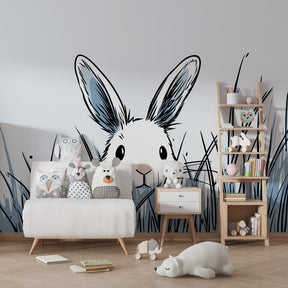 Gentle bunny wallpaper with soft blue and white tones perfect for toddler room by Kids-Mundo