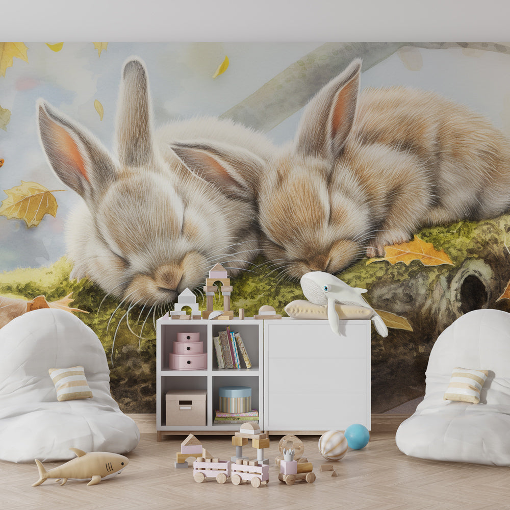 Sleeping bunnies mural wallpaper transforming kids room into peaceful autumn sanctuary