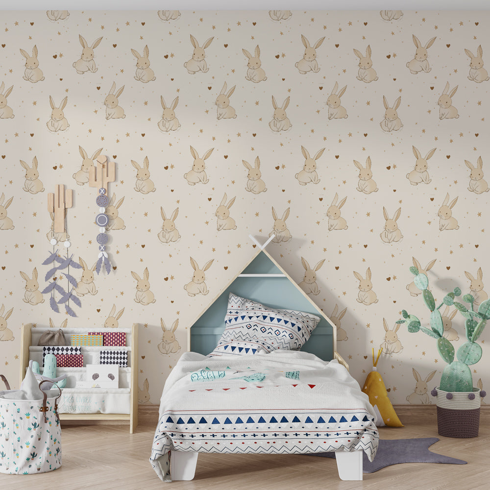 Sweet rabbit wallpaper creating magical atmosphere in children's bedroom with wooden furniture