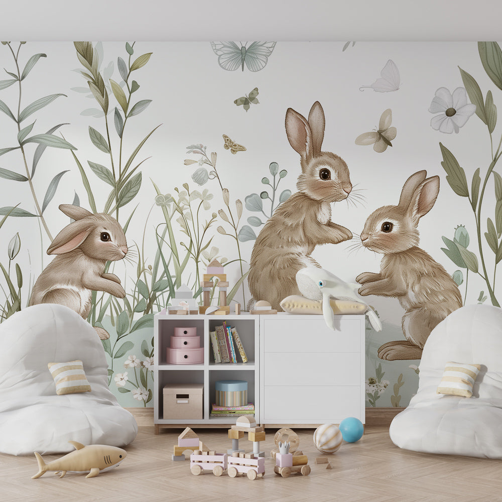 Playful bunny wallpaper for toddler room featuring enchanted meadow design by Kids-Mundo