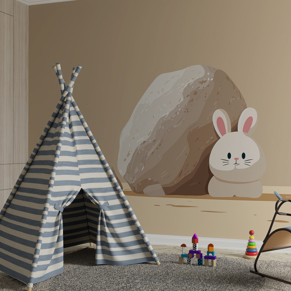 Animal themed bunny wallpaper in modern toddler room with minimalist furniture