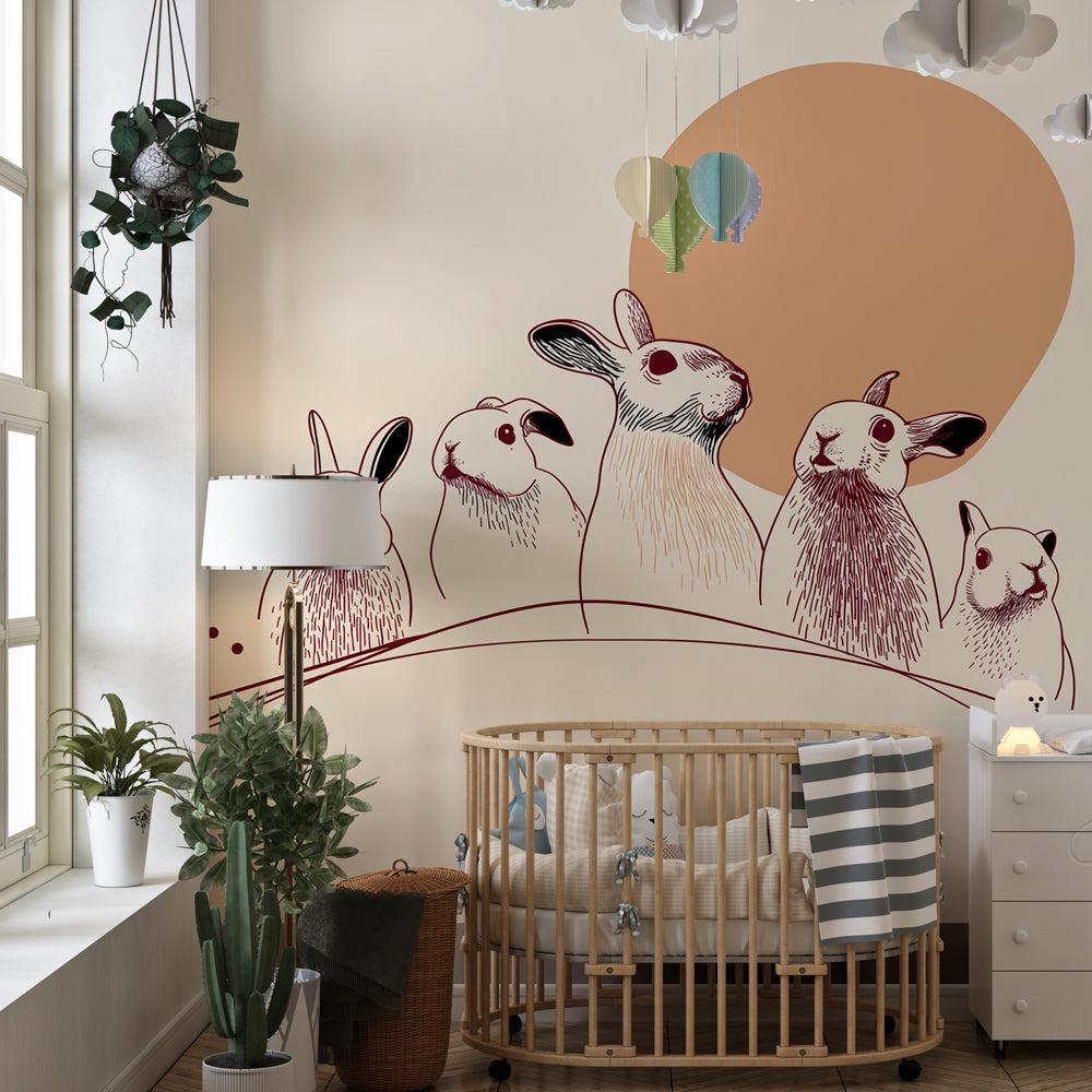 Animal mural wallpaper with cute bunnies for peaceful toddler room decor