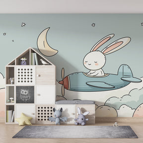 Cloud adventure wallpaper with bunny airplane pilot for kids bedroom by Kids-Mundo