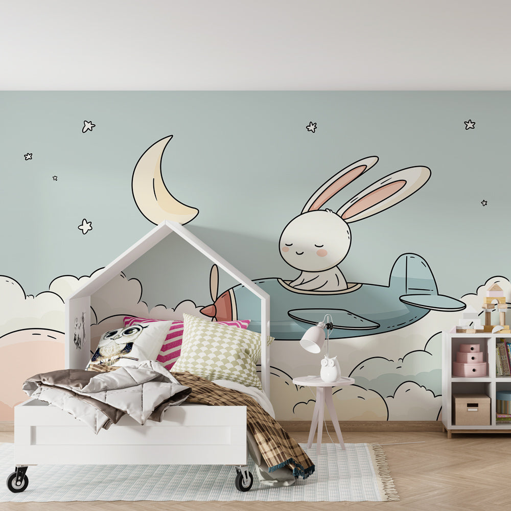 Aviation themed mural wallpaper featuring bunny pilot in peaceful toddler room