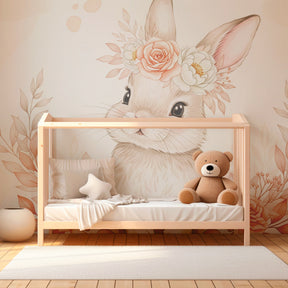 Pastel rabbit mural wallpaper with flower crown transforming toddler room into dreamy space