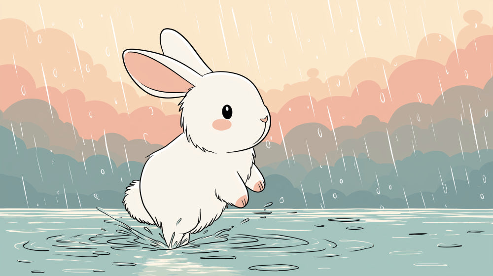 Detailed bunny rain mural wallpaper design pattern showing rabbit jumping in puddles by Kids-Mundo