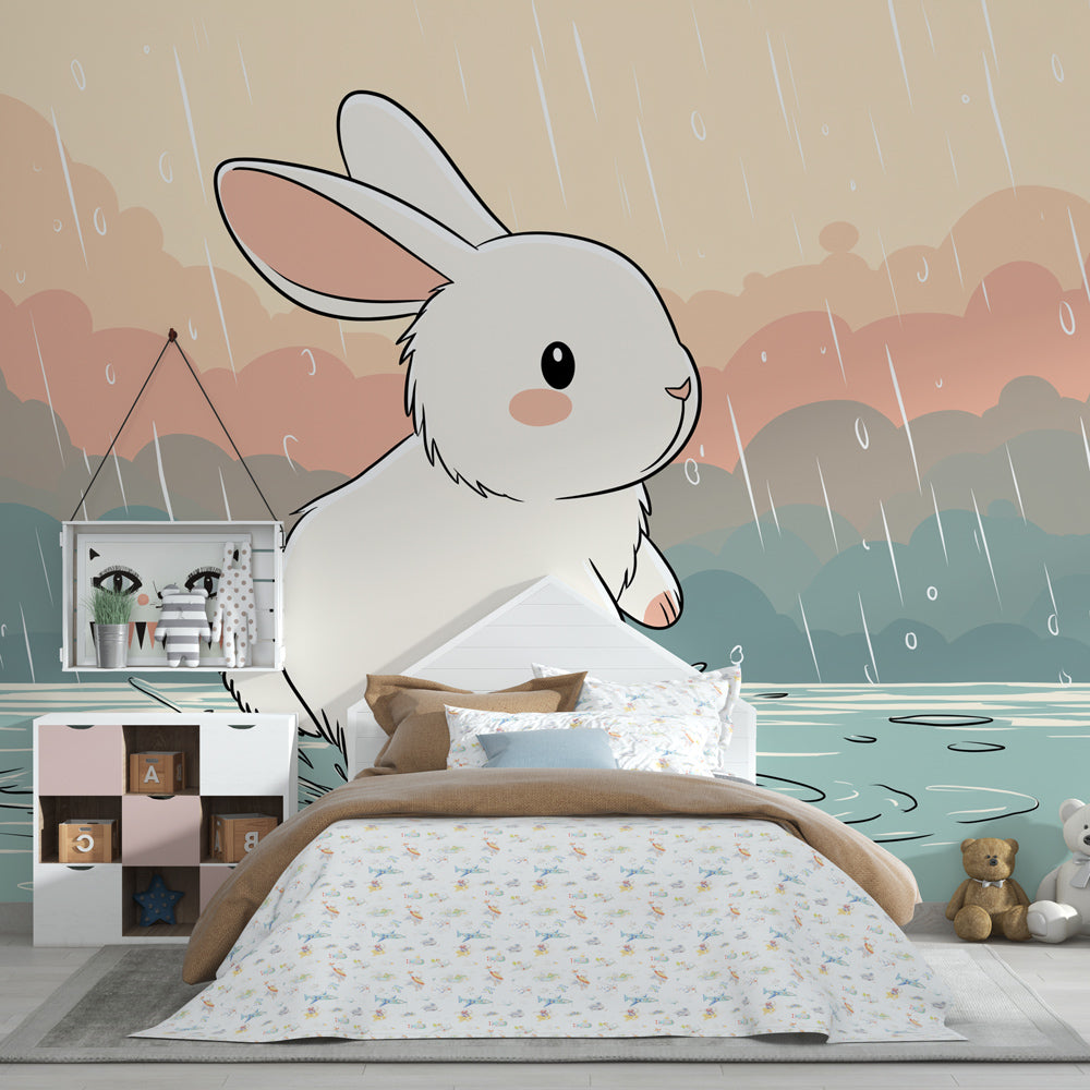 Charming rabbit rain wallpaper with clouds and puddles for children's room decor by Kids-Mundo