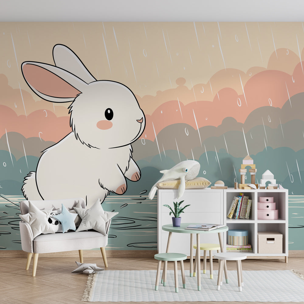 Playful bunny jumping in puddles mural wallpaper creating magical toddler bedroom atmosphere