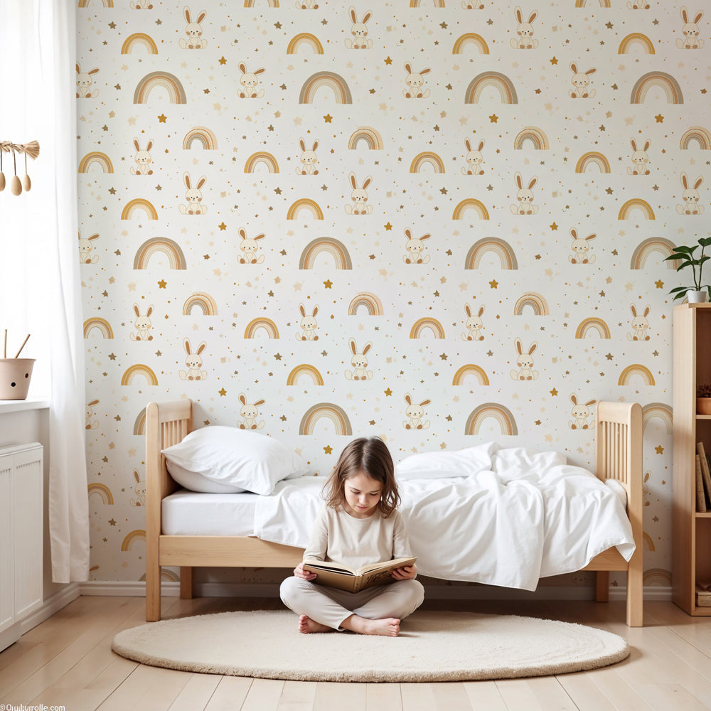 Bunny rainbow mural wallpaper with golden arcs creating magical nursery decor by Kids-Mundo