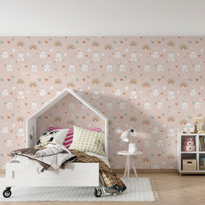 Colorful bunny rainbow mural wallpaper transforming children's playroom into whimsical space