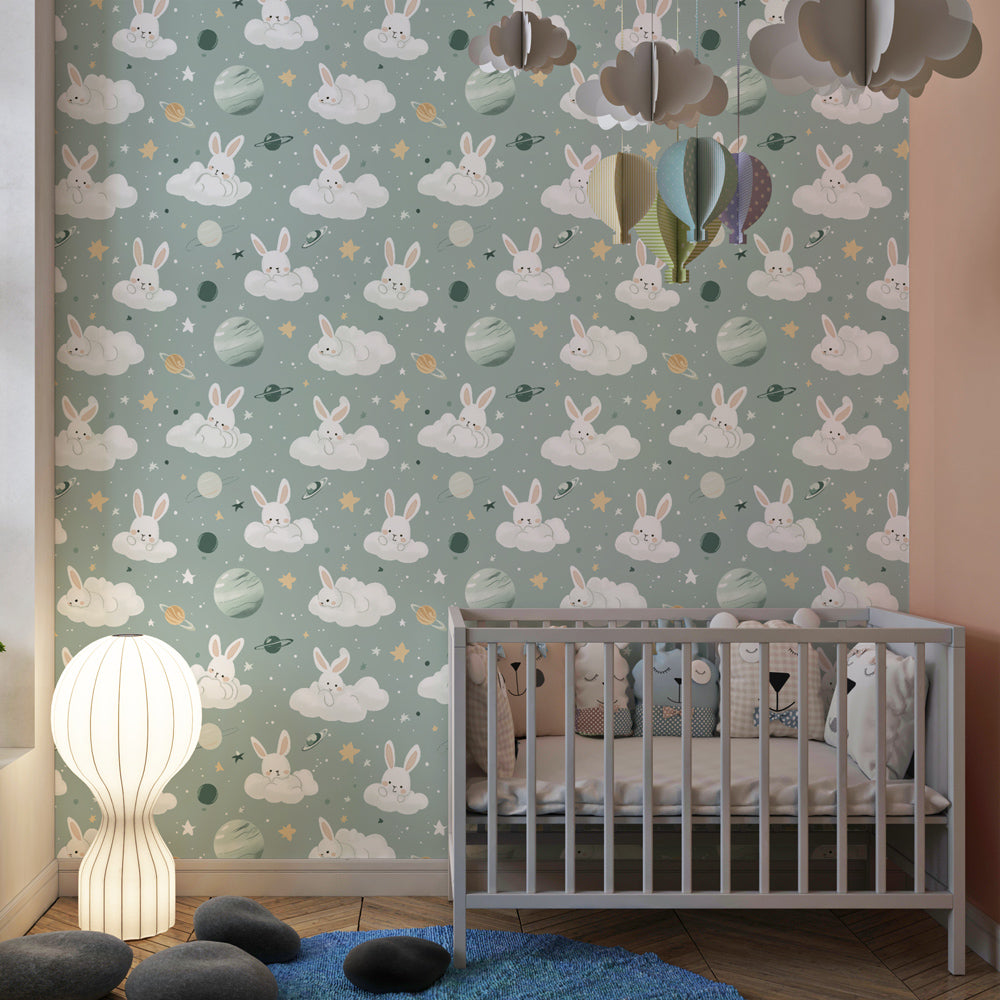 Space bunny wallpaper creating dreamy atmosphere in children's bedroom with pastel colors