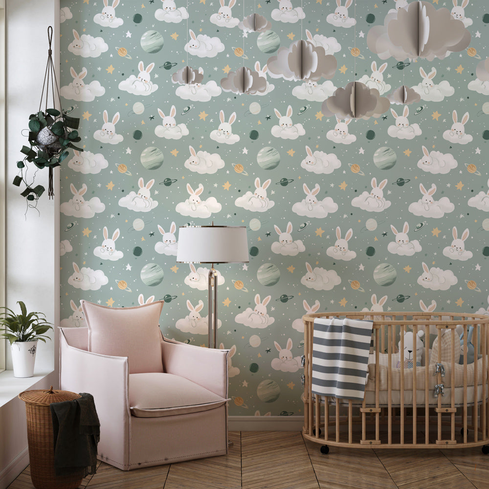 Celestial bunny mural wallpaper transforming kids playroom into magical space adventure