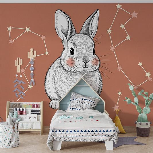 Kids-Mundo sketched bunny wall mural styled in a calm terracotta kids bedroom
