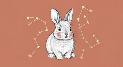 Kids-Mundo flat artwork of a sketched bunny surrounded by star constellations on terracotta