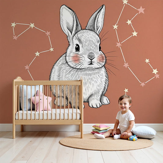 Kids-Mundo bunny and star constellation wall mural in a soft terracotta nursery setting