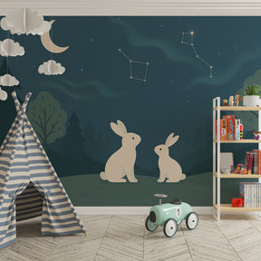 Night sky bunny mural wallpaper transforming children's bedroom into magical starlit space
