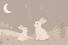 Detailed bunny stars night sky mural wallpaper design pattern showing rabbits under starlit sky
